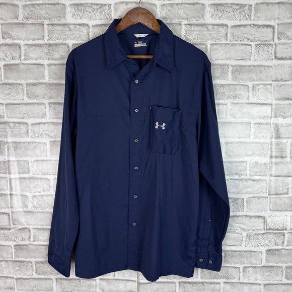 Under Armour All Seasons Navy Blue Polyester Long Sleeve Button Up Shirt LARGE - Picture 1 of 9